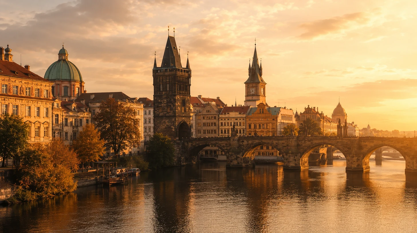 Praha s historickými věžemi a mostem nad Vltavou