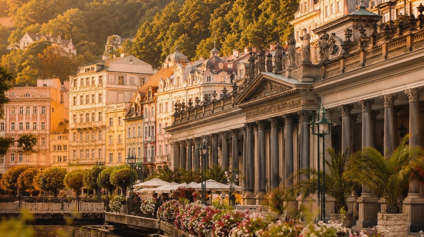 Karlovy Vary s kolonádou a zelenými kopci