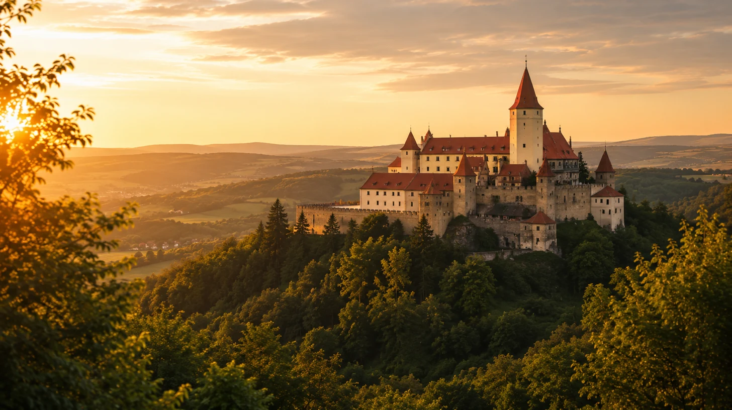Český hrad v krajině s červenými střechami