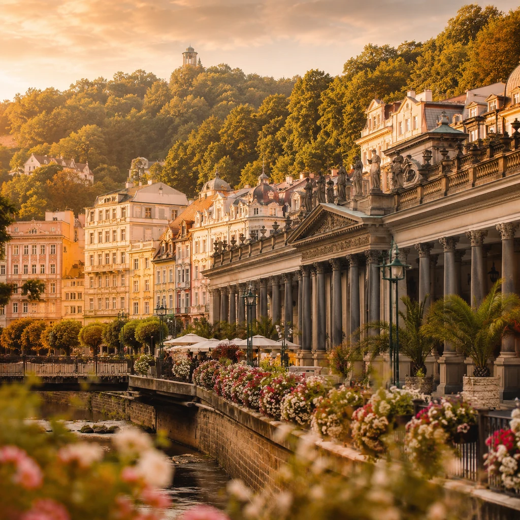 Karlovy Vary s kolonádou a lázeňskými domy