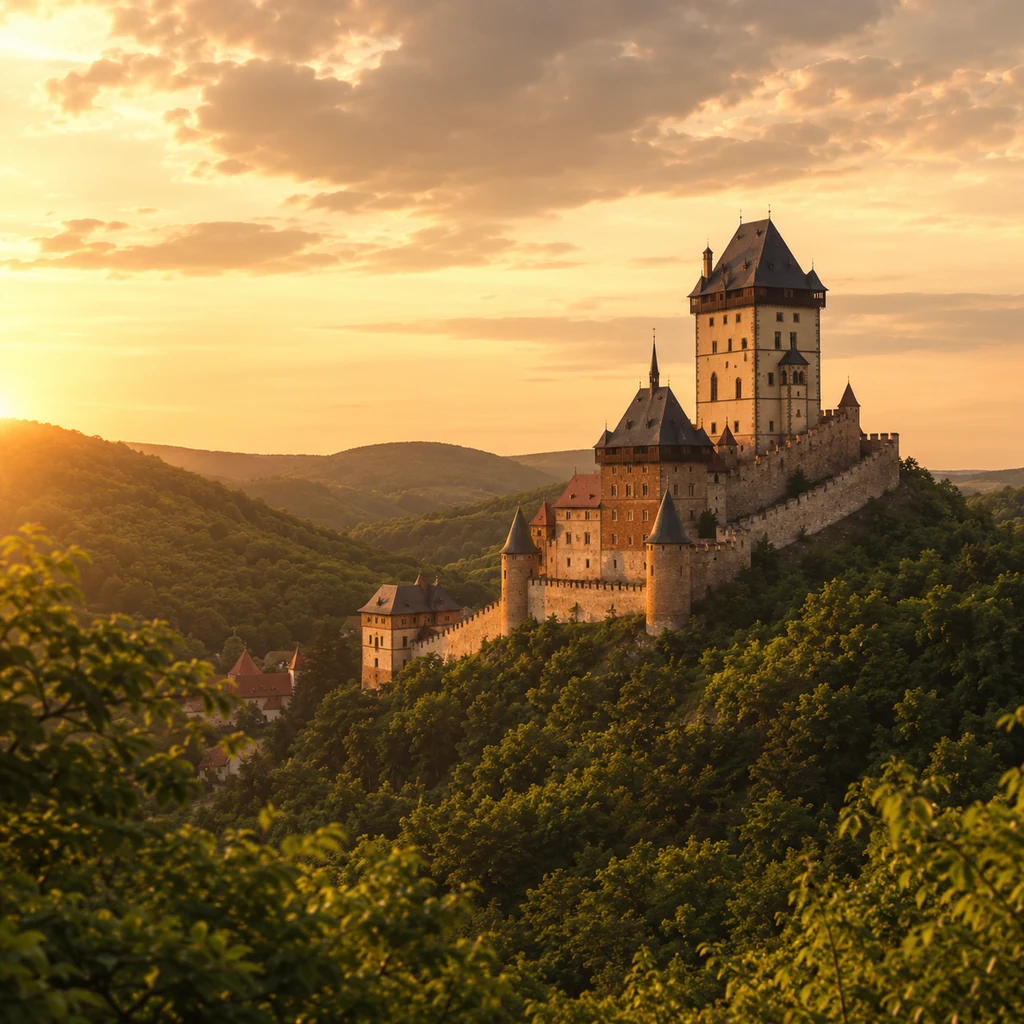 Hrad Karlštejn v zelené krajině středních Čech
