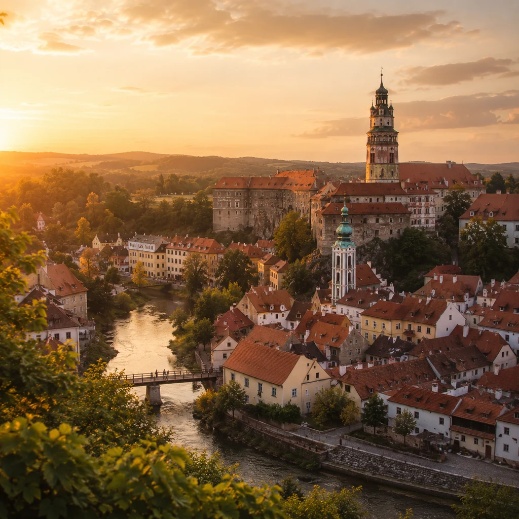 Český Krumlov s červenými střechami a zámkem